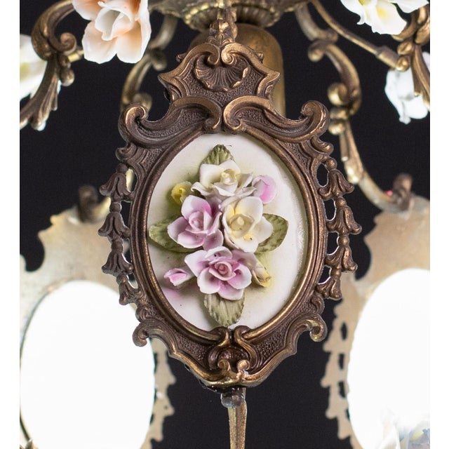Metal Vintage Art Nouveau Style Italian Ceramic Flower Chandelier, 1970 For Sale - Image 7 of 10