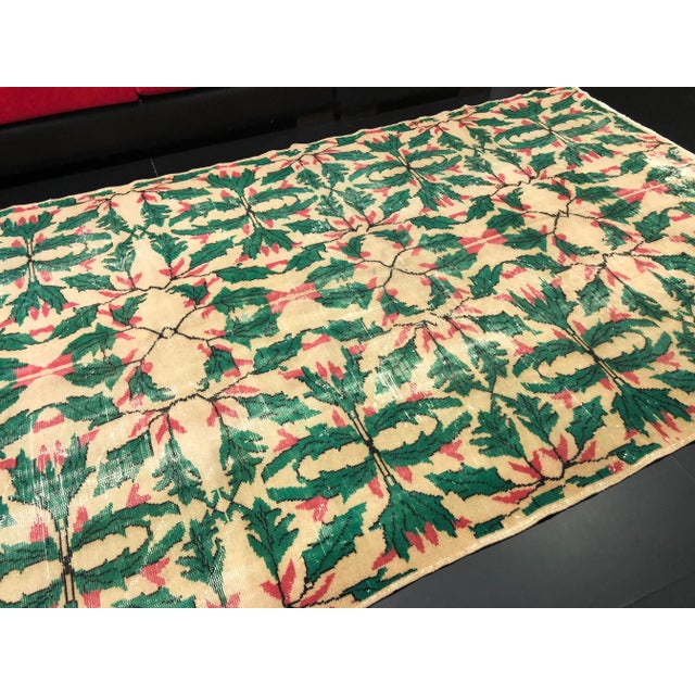 Textile Vintage Christmas Turkish Handmade Beige and Green Rug For Sale - Image 7 of 11
