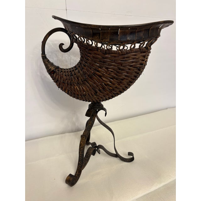Vintage Wicker Cornucopia Baket on Wrought Iron Pedestal Stand For Sale - Image 4 of 4
