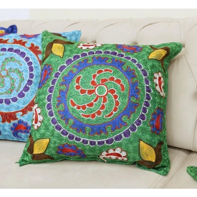 16"x16" Silk Embroidery Green Color Cushion Cover. Double Sided Throw Pillow For Sale - Image 4 of 5