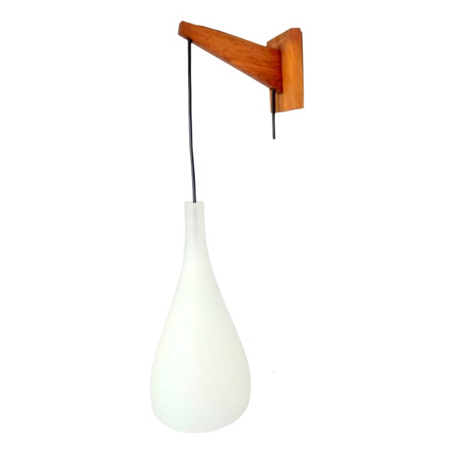 Vintage Tear Drop Wall Lamp in Teak and White Glass, Denmark, 1960s For Sale