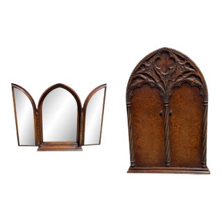 Rare Antique Tudor Oak Shrine Trifold Cabinet Mirror For Sale