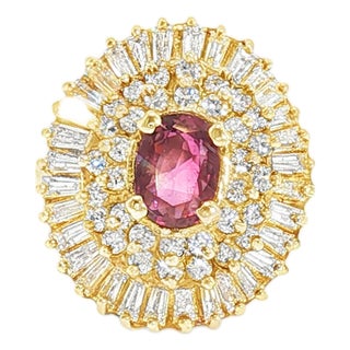 Late 20th-Century 14k Yellow Gold Oval Ruby and Diamond Ballerina Ring, Size 7 For Sale