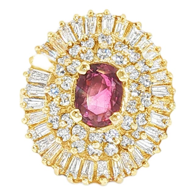Late 20th-Century 14k Yellow Gold Oval Ruby and Diamond Ballerina Ring, Size 7 For Sale