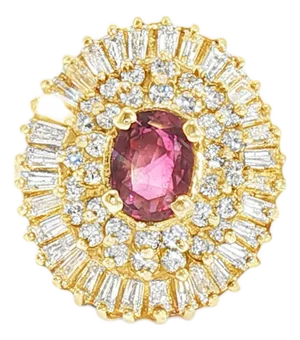 Late 20th-Century 14k Yellow Gold Oval Ruby and Diamond Ballerina Ring, Size 7