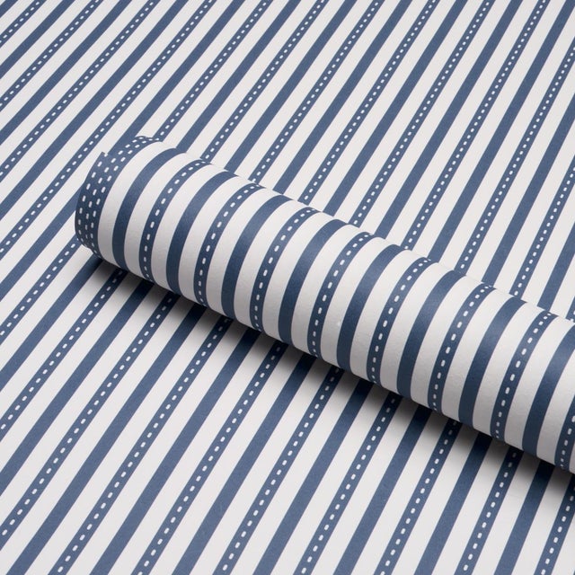 Schumacher Sample - Schumacher Mathis Ticking Stripe Wallcovering In Indigo For Sale - Image 4 of 6
