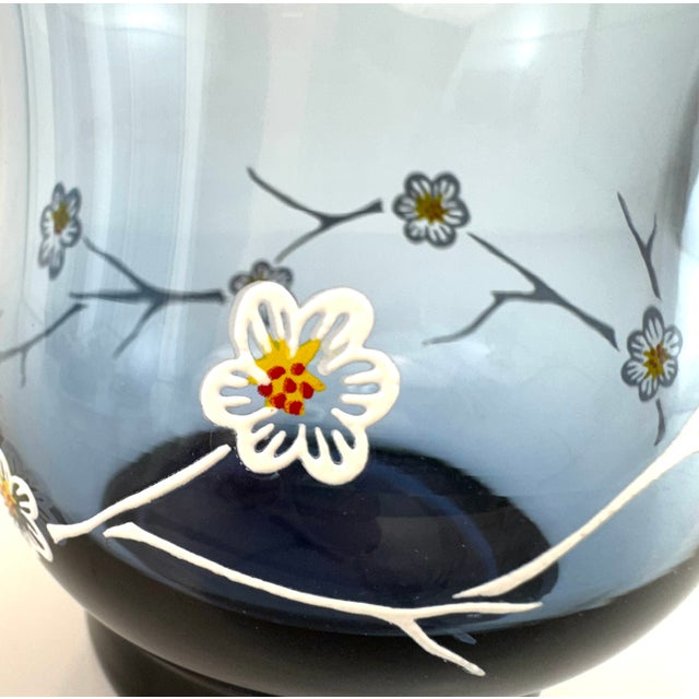 Contemporary Vintage Organic Modern Blue Glass Floral Tumblers Hand Painted Cocktail Glasses - Set of 8 For Sale - Image 3 of 11