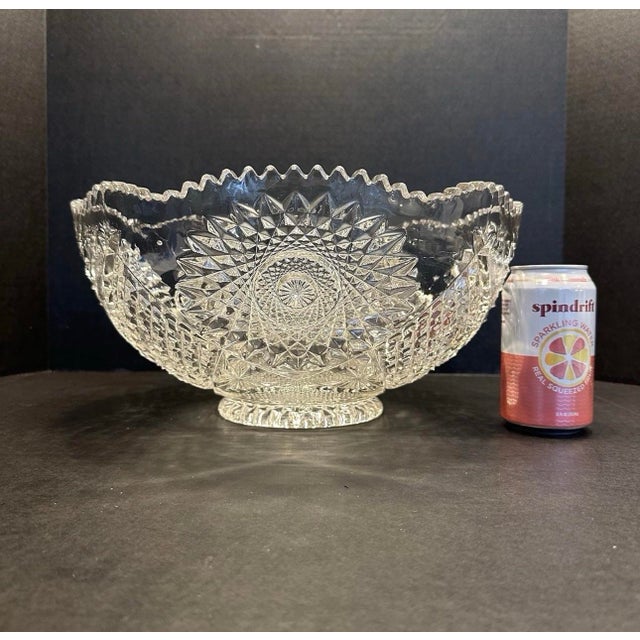 Victorian Antique Early American Brilliant Pressed Glass 14" Master Punch Serving Bowl Heavy 10lb With Manganese Glow For Sale - Image 3 of 12