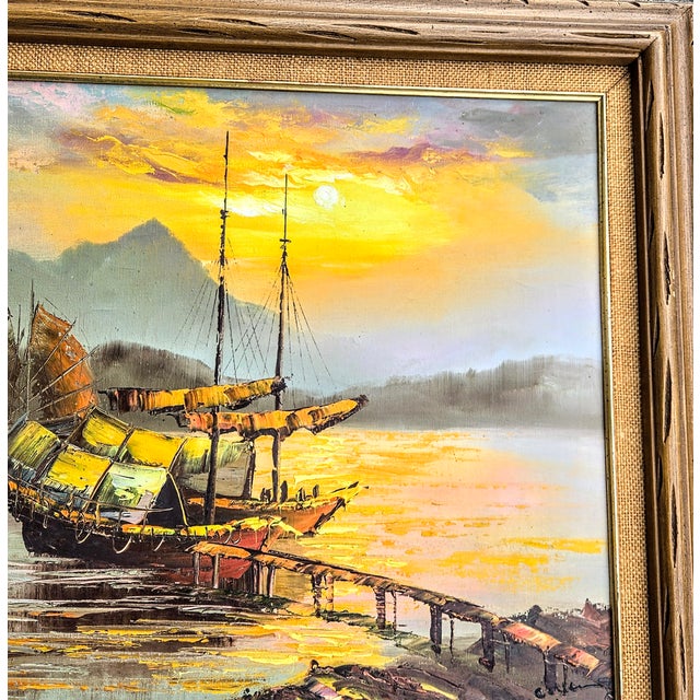 Mid-Century Modern Oil Painting of Chinese Ships at Sunset For Sale - Image 3 of 8