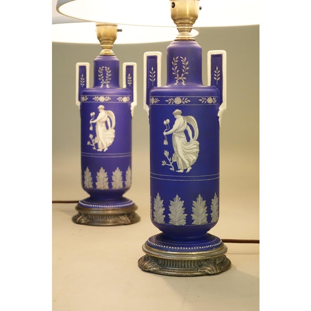 1930s 1930s Cobalt Noritake Wedgewood Jasperware Style Neoclassic Art Deco Table Lamps - a Pair For Sale - Image 5 of 15