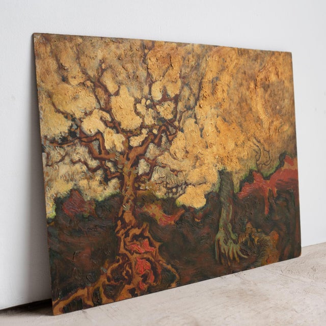 Textile Dramatic Tree Landscape, Vintage Original Expressionist Oil Painting, 1970s For Sale - Image 7 of 8