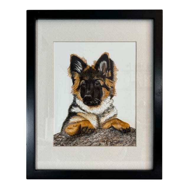 German Shepherd Puppy – Original Watercolor Painting, Signed and Framed For Sale