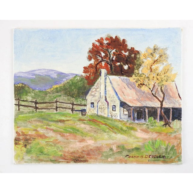 Rustic farmhouse landscape on canvas board by Frank Henry Deussen (1905-1982), Texas. Signed lower right corner. Unframed....