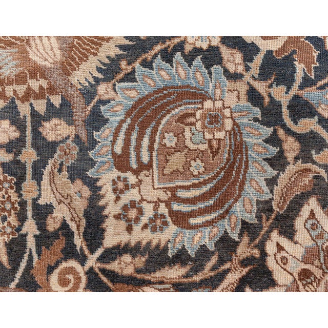 Persian 19th Century Persian Tabriz Dark Brown, Beige and Blue Handwoven Wool Rug For Sale - Image 3 of 12