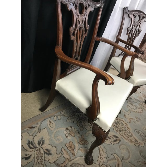 1980s Carved Mahogany Chippendale Dining Chairs, Set of 6, White Faux Leather For Sale - Image 5 of 12