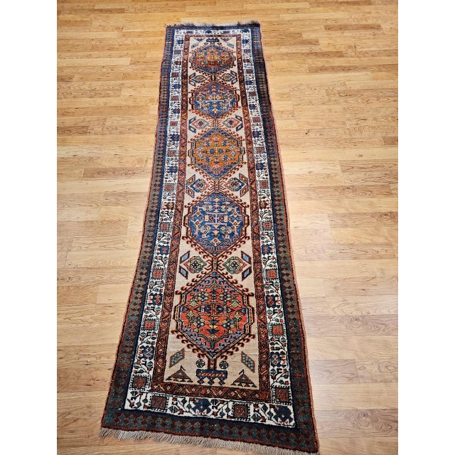 Vintage Persian Serab Runner, Hand-Knotted Wool, Geometric Medallion Pattern, Ivory & Blue, 3x11 For Sale - Image 12 of 14