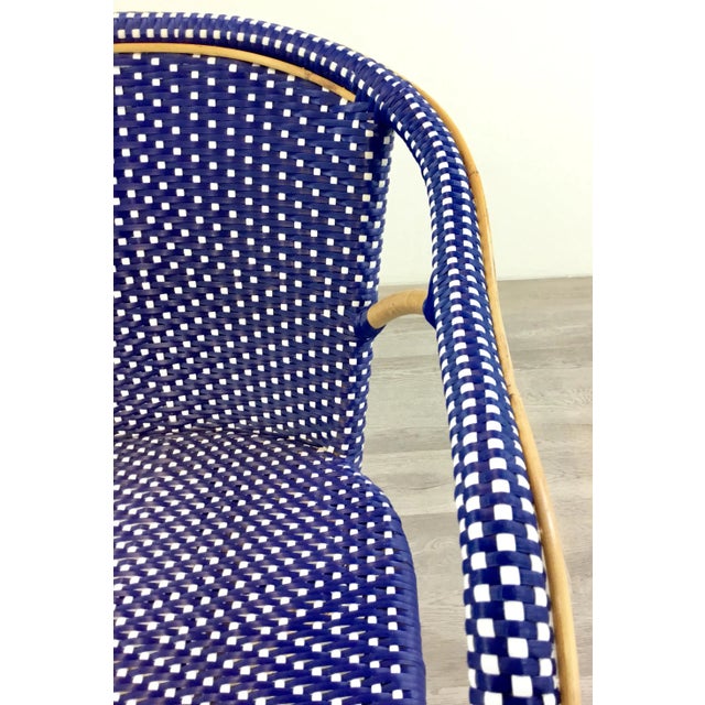 Modern Blue and White Vinyl Bamboo Arm Chair For Sale - Image 4 of 7