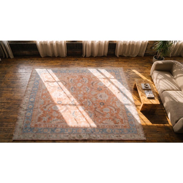 Salmon Stunning Peach Background With Palmette and Stiff Vinery Pattern Pattern Antique Indian Agra Rug For Sale - Image 8 of 10