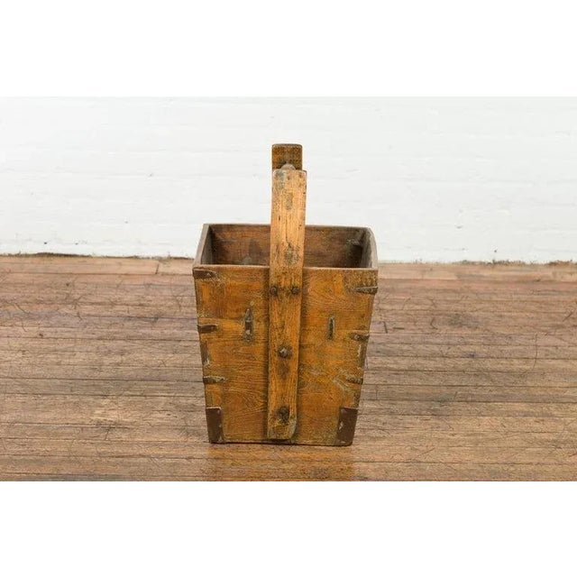 19th Century Antique Chinese Wood & Metal Grain Basket with Carrying Handle For Sale - Image 12 of 13