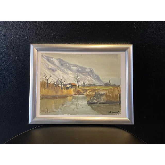 Gabriel Eduard Haberjahn, River and Snowy Mountain, 1920s, Watercolor For Sale - Image 4 of 8