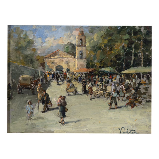 Valter, Impressionist Market Scene Before a Church, Oil on Panel For Sale