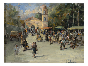 Valter, Impressionist Market Scene Before a Church, Oil on Panel
