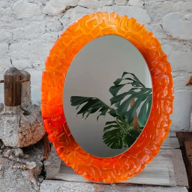 1970s Large Mid-Century German Modern Oval Orange Acrylic Backlit Wall Mirror Light attributed to Hillebrand, 1970s For Sale - Image 5 of 13