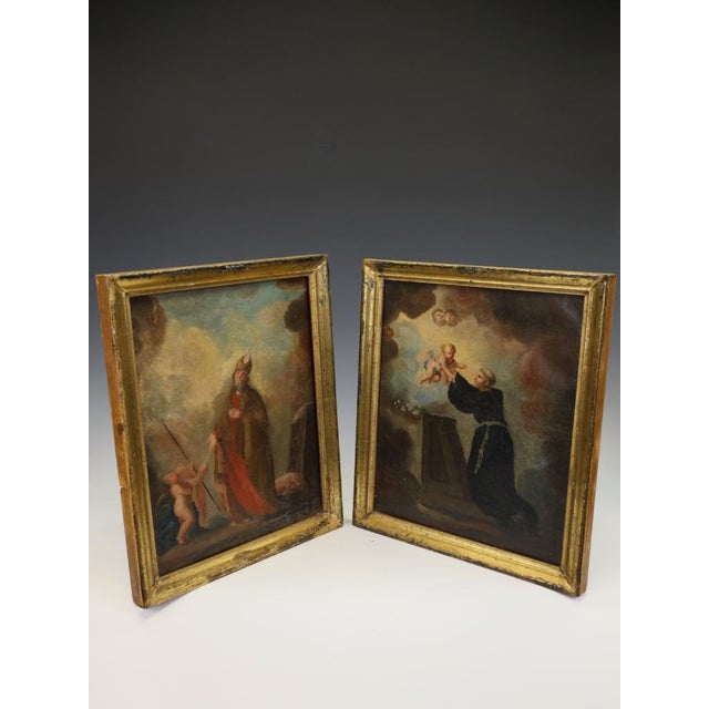 A Fine Pair of 18th Century French Religious Devotional Oils, c. 1750 An exquisite pair of mid-18th-century oil on canvas...