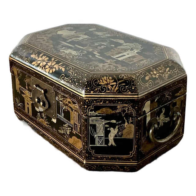 Vintage Asian Lacquered Chinoiserie Sewing Box For Sale