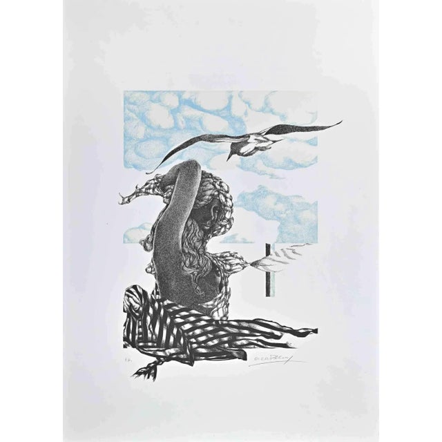 Oscar Pelosi, The Woman with Bird, Original Lithograph, 1980s For Sale - Image 3 of 3