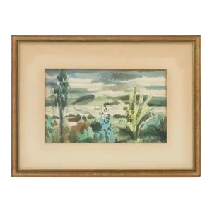 Mid 20th Century Bill Loos Watercolor Painting "Tropical Garden" Landscape in Green and Blue Tones