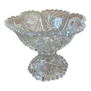 Vintage Cut Crystal Pedestal Bowl With Floral and Starburst Pattern For Sale