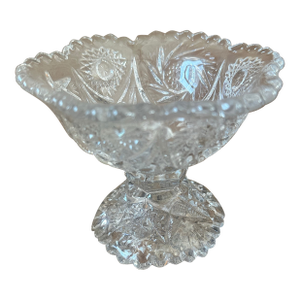 Vintage Cut Crystal Pedestal Bowl With Floral and Starburst Pattern