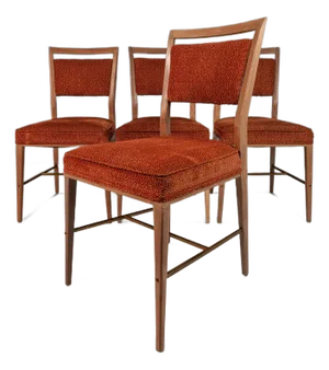 Set of 4 Mid-Century Modern Dining Chairs in Mahogany & Brass Attributed to Paul McCobb for Calvin Furniture, Usa, Circa 1950s