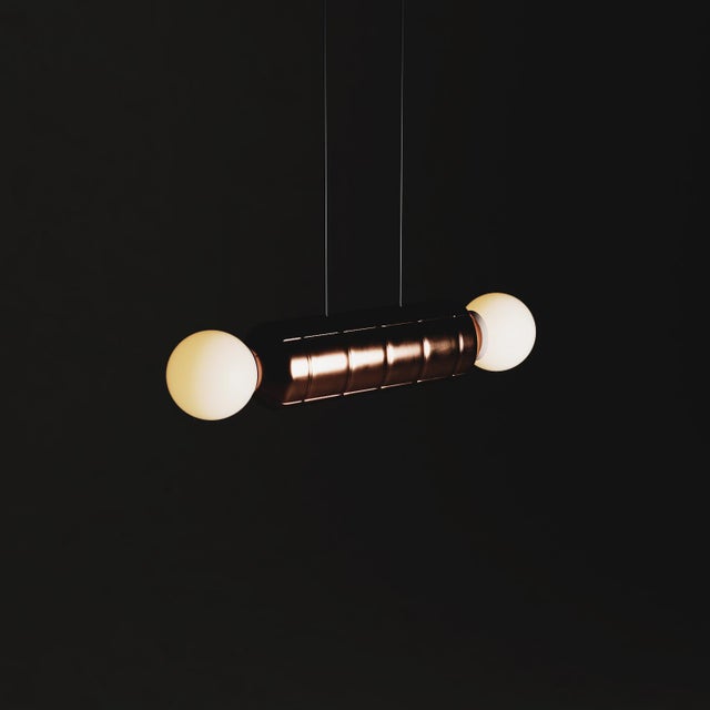 Modern Horizontal Pendant Light With Ceramic Base – Copper – Handcrafted For Sale - Image 4 of 6