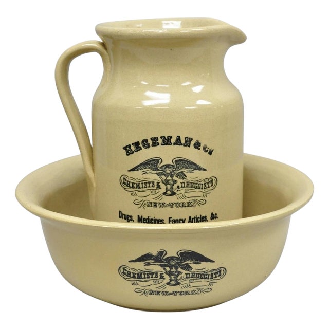 Hegeman & Co. Large Pitcher W Basin 1837 Stoneware Drugs Medicines Ny Apothecary For Sale