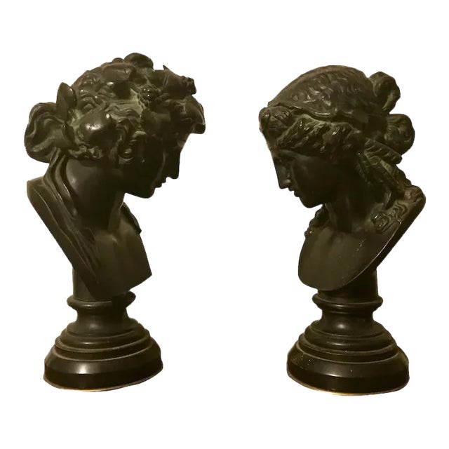 Antique 19th Century Grand Tour Bronze Classical Busts of Bacchus and Ariadne on Marble Socles - A Pair For Sale