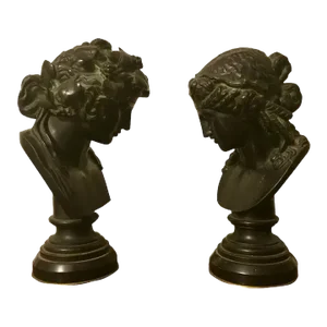 Antique 19th Century Grand Tour Bronze Classical Busts of Bacchus and Ariadne on Marble Socles - A Pair