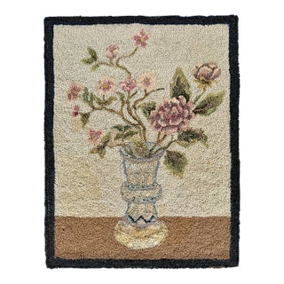 American Floral Hooked Rug Wall Hanging With Roses and Delft-Style Vase, Circa 1930’s For Sale
