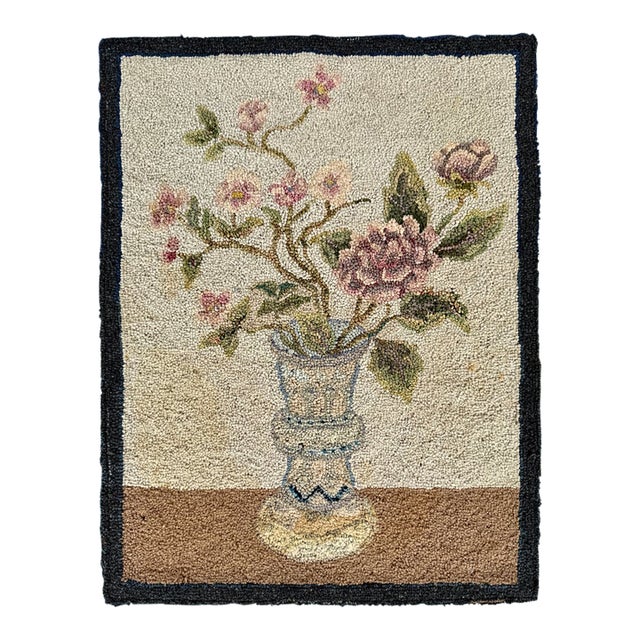 American Floral Hooked Rug Wall Hanging With Roses and Delft-Style Vase, Circa 1930’s For Sale