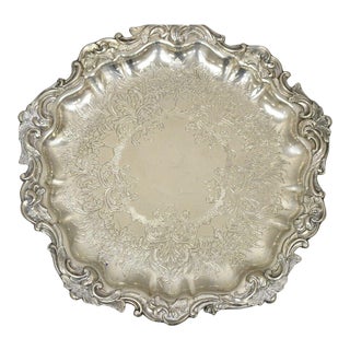 Mid 20th Century Victorian Silver Plated Small Scalloped Round Serving Platter Tray on Feet For Sale