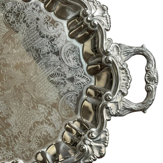 Mid 20th Century Silverplated Butler’s Buffet Serving Platter Tray W Handles Ornate For Sale - Image 6 of 12