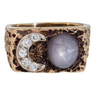 1970s Diamond Crescent Moon Star Sapphire Ring Vintage 14k Yellow Gold Sz 8.75 For Sale
