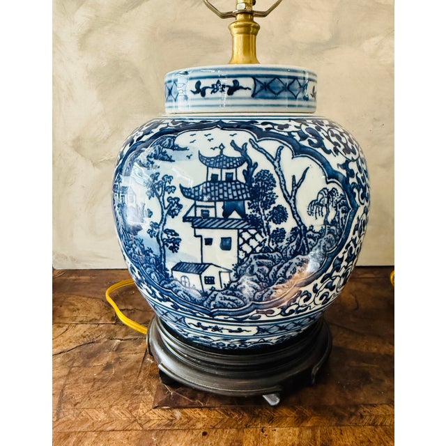 Vintage Chinoiserie Blue and White Ginger Jar Pagoda Lamps - A Pair For Sale - Image 11 of 12