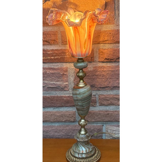 Vintage Brass and Onyx Glass Shade Table Lamp, 1960s For Sale - Image 9 of 12