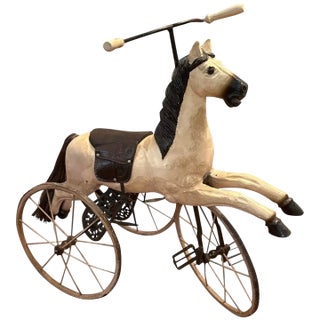 Vintage Victorian Style Hand Carved Wooden Childs Pedal Horse Tricycle For Sale