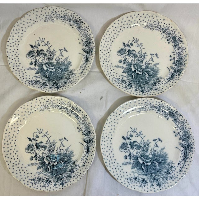 English Antique Set of 4 Sampson Hancock Aesthetic Movement Blue Poppy Floral Pattern Luncheon Plates From England - Circa 1885 For Sale - Image 3 of 10