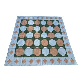 Handmade New Zealand Wool Dhurrie, Sky Blue, Beige and Green Swedish Tile Rug- 9'x12' For Sale