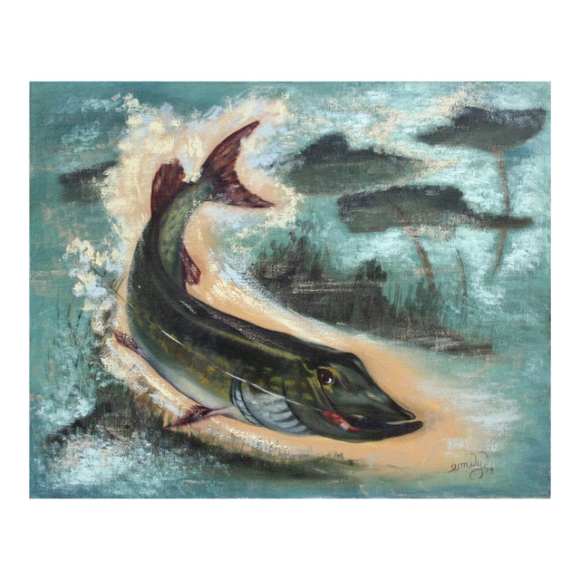 Vintage Oil Painting of Northern Pike, Fish on Hook For Sale