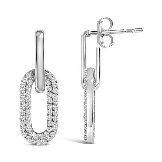 Contemporary 10K White Gold 1/2 Cttw Lab Grown Diamond Dangling Paperclip Drop Earrings For Sale - Image 3 of 5